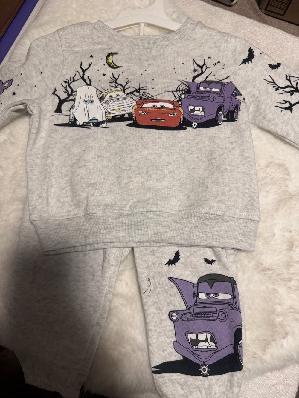 Kids Halloween Cars Sweatshirt and Pants Set - Gray with Red & Purple Cars